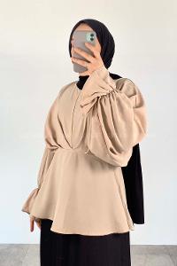 Beige V Neck Crepe Fabric Unprinted Tunic