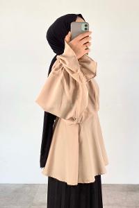 Beige V Neck Crepe Fabric Unprinted Tunic