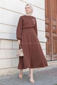 Bitter Brown Crew Neck Long Arm Pearl Embroidered Crepe Fabric Flare Suit