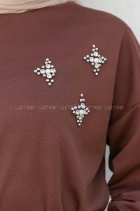 Bitter Brown Crew Neck Long Arm Pearl Embroidered Crepe Fabric Flare Suit