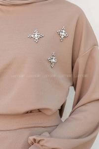 Camel Crew Neck Long Arm Pearl Embroidered Crepe Fabric Flare Suit