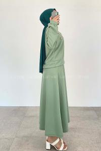 Mint Green Crew Neck Long Arm Pearl Embroidered Crepe Fabric Flare Suit