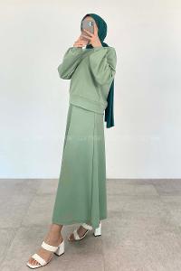 Mint Green Crew Neck Long Arm Pearl Embroidered Crepe Fabric Flare Suit