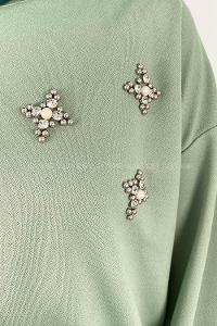 Mint Green Crew Neck Long Arm Pearl Embroidered Crepe Fabric Flare Suit