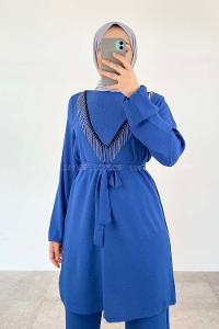 Indigo Crew Neck Long Arm Beaded Ayrobin Trousers Comfortable Suit