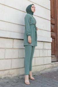 Pastel Green Crew Neck Long Arm Beaded Ayrobin Trousers Comfortable Suit