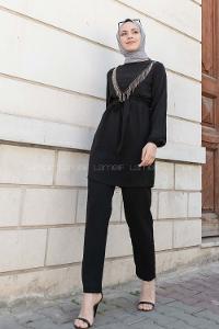 Black Crew Neck Long Arm Beaded Ayrobin Trousers Comfortable Suit