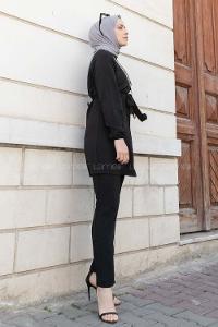 Black Crew Neck Long Arm Beaded Ayrobin Trousers Comfortable Suit