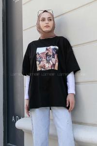 Black Crew Neck Half Arm Arm Cotton Printed T-shirt