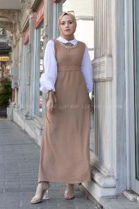 Brown With Milk Shirt Collar Cotton Unprinted Dresess