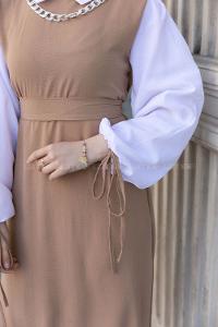 Brown With Milk Shirt Collar Cotton Unprinted Dresess