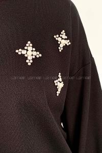 Black Crew Neck Long Arm Pearl Embroidered Crepe Fabric Flare Suit
