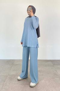Baby Blue Crew Neck Long Arm Without Accessories Cotton Fabric Regular Trousers Comfortable Suit