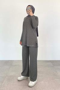 Gray Crew Neck Long Arm Without Accessories Cotton Fabric Regular Trousers Comfortable Suit