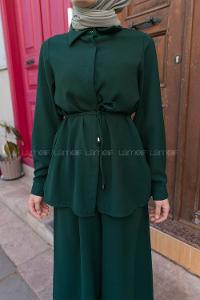 Emerald Green Shirt Collar Long Arm Belted Crepe Fabric Regular Trousers Comfortable Suit