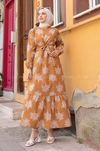 Ocher Mock Turtle Neck Cotton Printed Dresess