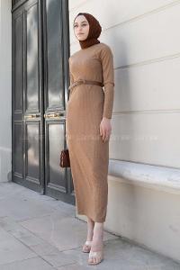 Camel Mock Turtle Neck Knitwear Unprinted Dresess