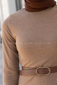 Camel Mock Turtle Neck Knitwear Unprinted Dresess