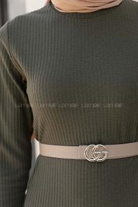 Khaki Mock Turtle Neck Knitwear Unprinted Dresess