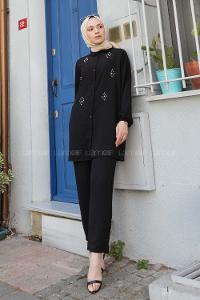 Black Shirt Collar Long Arm Pearl Embroidered Ayrobin Trousers Comfortable Suit