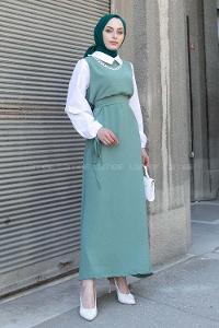 Plum Green Shirt Collar Cotton Unprinted Dresess