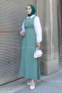 Plum Green Shirt Collar Cotton Unprinted Dresess