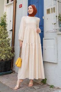 Cream Crew Neck Viscose Fabric Unprinted Dresess