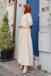 Cream Crew Neck Viscose Fabric Unprinted Dresess