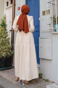 Cream Crew Neck Viscose Fabric Unprinted Dresess