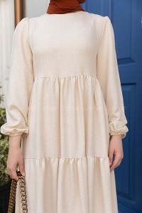 Cream Crew Neck Viscose Fabric Unprinted Dresess