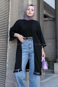 Black Bat Sleeve Arm Without Accessories Cotton Fabric Striped Kimono