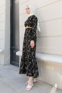 Black Crew Neck Cotton Fabric Printed Dresess