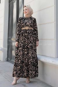 Camel Normal Neck Mira Fabric Printed Dresess