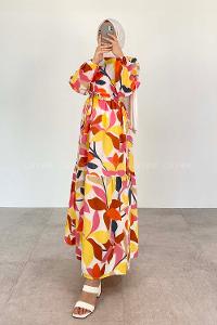 Yellow Crew Neck Cotton Printed Dresess