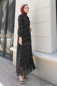 Black Mandarin Collar Cotton Fabric Printed Dresess