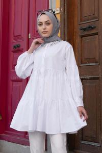 White Mandarin Collar Long Arm Cotton Unprinted Shirt