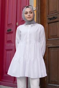 White Mandarin Collar Long Arm Cotton Unprinted Shirt