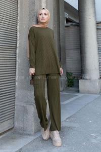 Khaki Crew Neck Long Arm Without Accessories Cotton Fabric Regular Trousers Comfortable Suit