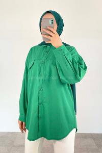 Green Shirt Collar Long Arm Cotton Fabric Unprinted Shirt