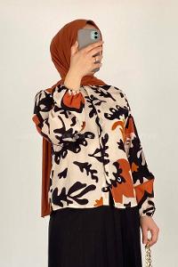 Ecru Orange Shirt Collar Balloon Sleeve Arm Linen Printed Shirt