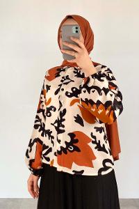 Ecru Orange Shirt Collar Balloon Sleeve Arm Linen Printed Shirt