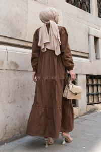 Bitter Brown Mandarin Collar Linen Unprinted Dresess