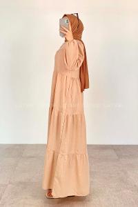 Beige Mandarin Collar Linen Unprinted Dresess