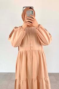 Beige Mandarin Collar Linen Unprinted Dresess