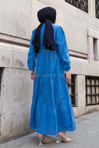 Indigo Mandarin Collar Linen Unprinted Dresess