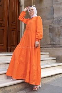 Orange Mandarin Collar Linen Unprinted Dresess