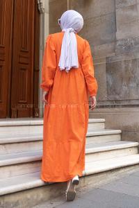 Orange Mandarin Collar Linen Unprinted Dresess