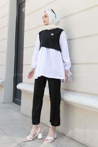 Black Crew Neck Long Arm With Brooch Crepe Fabric Regular Trousers Comfortable Suit