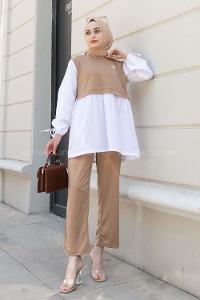 Brown With Milk Crew Neck Long Arm With Brooch Crepe Fabric Regular Trousers Comfortable Suit