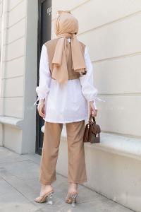 Brown With Milk Crew Neck Long Arm With Brooch Crepe Fabric Regular Trousers Comfortable Suit